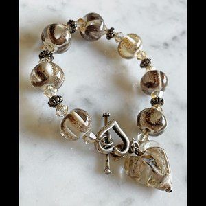 Sterling Bracelet by Anna E. with Handmade Lampwork Glass Heart & Rounds